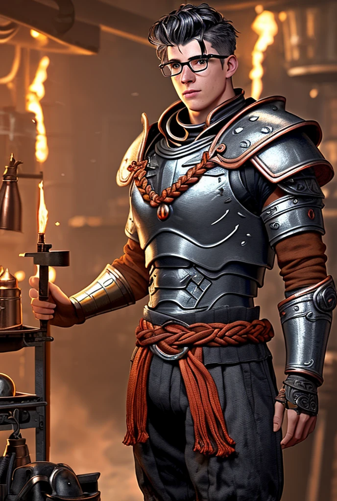 Male fire Genasi artificer in his twenties. charcoal grey skin, standing forward confidently in a cluttered workshop. glowing long orange viking style braided hair shaved on sides, wearing round glasses, clean shaven. copper and bronze scale mail armor. Vibrant colors and atmospheric ambiance. Masterpiece, fantastically detailed, cinematic quality. Deep colors, intricate textures. fantasy concept art. Dynamic lighting. industrial elements and high fantasy Best quality. 8k resolution.