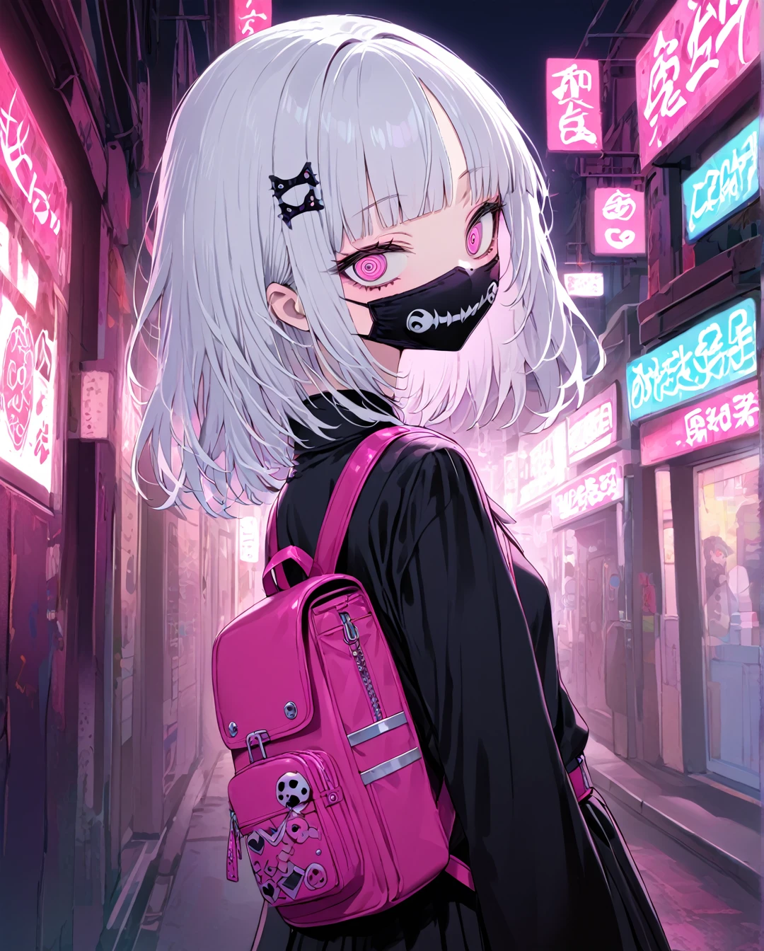 1girl,solo,full body,looking away,expressionless,looking away,goth punk fashion,masks,Mouth mask,white hair,middle hair,messy hair,Forehead,Blunt bangs,mesugaki,pink eyes,half-closed eyes,(crazy eyes),small breasts,hair ornament,pink backpack,bright colors,8 k,complex details,maximum quality,Dull dark graffiti outline,beautiful skin,Walking in Harajuku,(during night),Neon light,neme:yuka