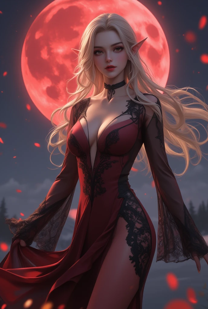 sexy-style, romance manhwa, (masterpiece, best quality), (finely detailed beautiful eyes), (finely detailed eyes and detailed face), (scenery: 1.2), (extremely detailed CG, ultra-detailed, best shadow), beautiful concept illustration, (illustration), (extremely fine and beautiful), (perfect details), (depth of field), (looking at viewer), (cowboy shot:1.2), dynamic angle, dynamic cut, 
BREAK 1girl, solo, mature female, shiny glossy skin, very long hair, white hair, black eyes, crazy smile, bangs, dress, tiara, white gloves, puffy sleeves, cleavage, (vampire), (huge moon), blood moon, (in front of blood moon), blood moon in background, red theme,