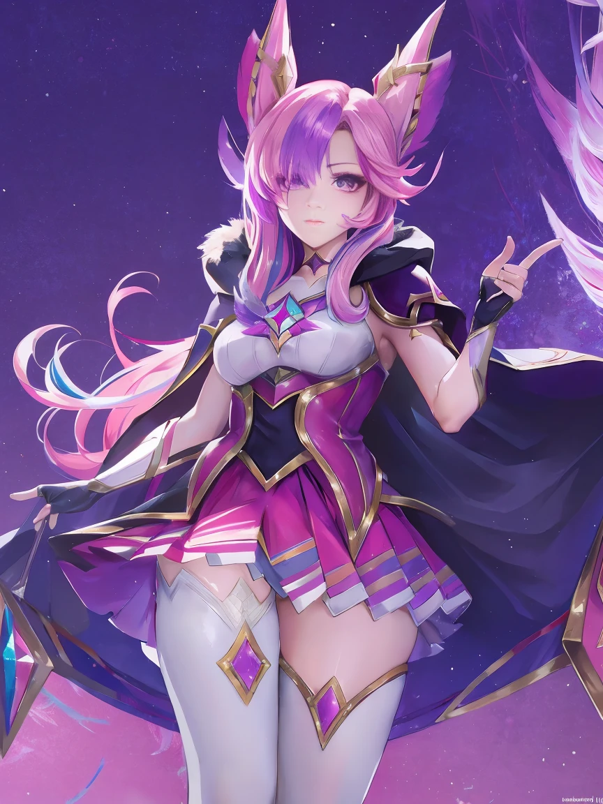 (solo, 1girl), (absurdres, ,highres, official wallpaper, poster), (masterpiece, best quality:1.2), (illustration, realistic), (perfect details, highest detailed, extreme detailed), dramatic light, starguardianxayah, (white thighhighs, fingerless gloves, hair ornament, star guardian \(league of legends\), chocker, multicolored hair, pink hair, purple hair, long hair, feather ornament, cloak), (skirt, mature female), (lake, standing)