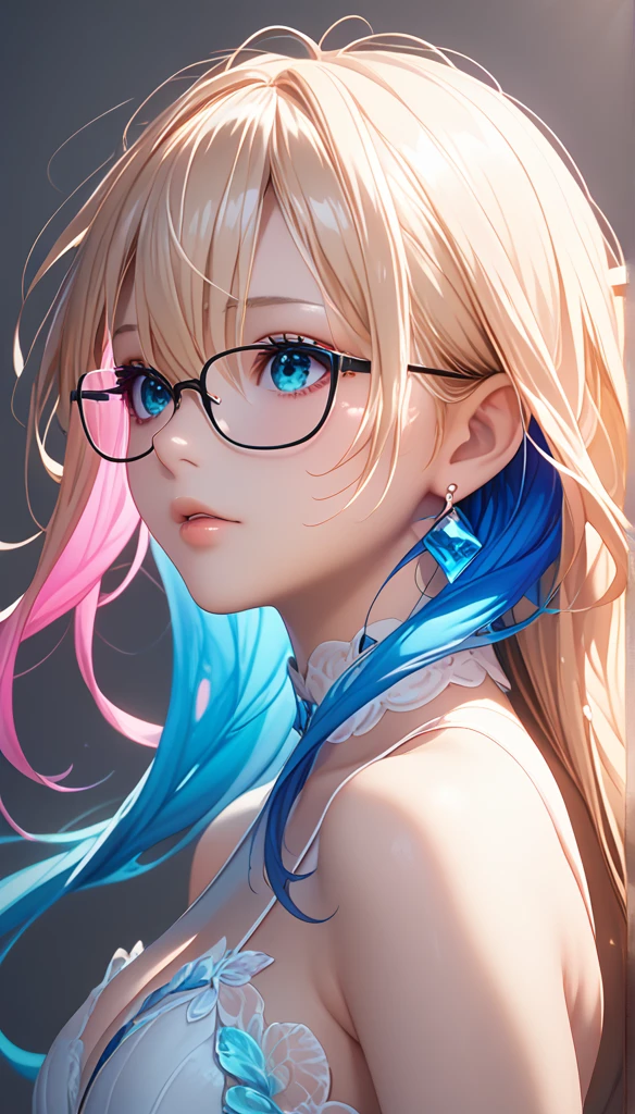 8k wallpaper,  masterpiece ,  cinematic lighting ,  best quality, illustration,  dramatic angle , ((color: 1.1)), ((color inner hair: 1.4)), 1 Girl,  unique, Long hair, water,  blue eyes,  black glasses, choker,  split lips , White collar, Liquid Hair,  dark hair,  bangs, from side, side,  upper body,  simple background without subject,  grey background, Bare shoulders, portrait,  watching the audience ,  white dress ,  hair between her eyes ,  white background , earrings,