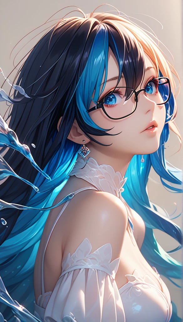 8k wallpaper,  masterpiece ,  cinematic lighting ,  best quality, illustration,  dramatic angle , ((color: 1.1)), ((color inner hair: 1.4)), 1 Girl,  unique, Long hair, water,  blue eyes,  black glasses, choker,  split lips , White collar, Liquid Hair,  dark hair,  bangs, from side, side,  upper body,  simple background without subject,  grey background, Bare shoulders, portrait,  watching the audience ,  white dress ,  hair between her eyes ,  white background , earrings,