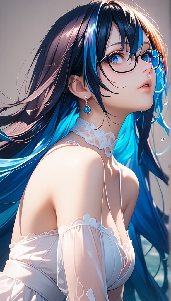 8k wallpaper,  masterpiece ,  cinematic lighting ,  best quality, illustration,  dramatic angle , ((color: 1.1)), ((color inner hair: 1.4)), 1 Girl,  unique, Long hair, water,  blue eyes,  black glasses, choker,  split lips , White collar, Liquid Hair,  dark hair,  bangs, from side, side,  upper body,  simple background without subject,  grey background, Bare shoulders, portrait,  watching the audience ,  white dress ,  hair between her eyes ,  white background , earrings,