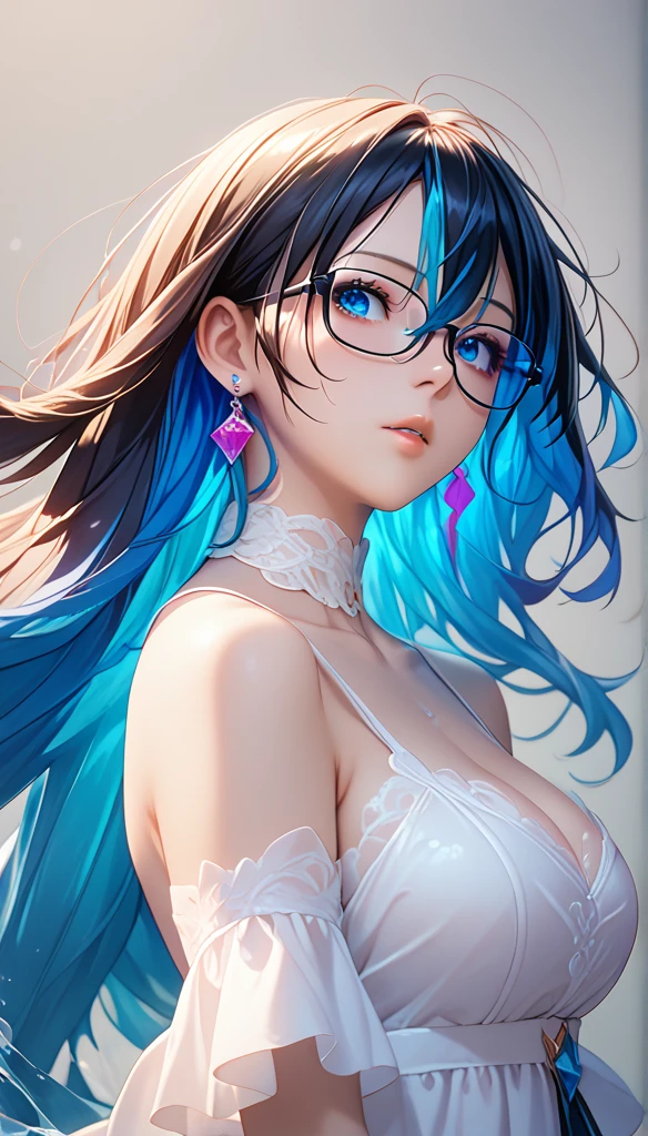 8k wallpaper,  masterpiece ,  cinematic lighting ,  best quality, illustration,  dramatic angle , ((color: 1.1)), ((color inner hair: 1.4)), 1 Girl,  unique, Long hair, water,  blue eyes,  black glasses, choker,  split lips , White collar, Liquid Hair,  dark hair,  bangs, from side, side,  upper body,  simple background without subject,  grey background, Bare shoulders, portrait,  watching the audience ,  white dress ,  hair between her eyes ,  white background , earrings,