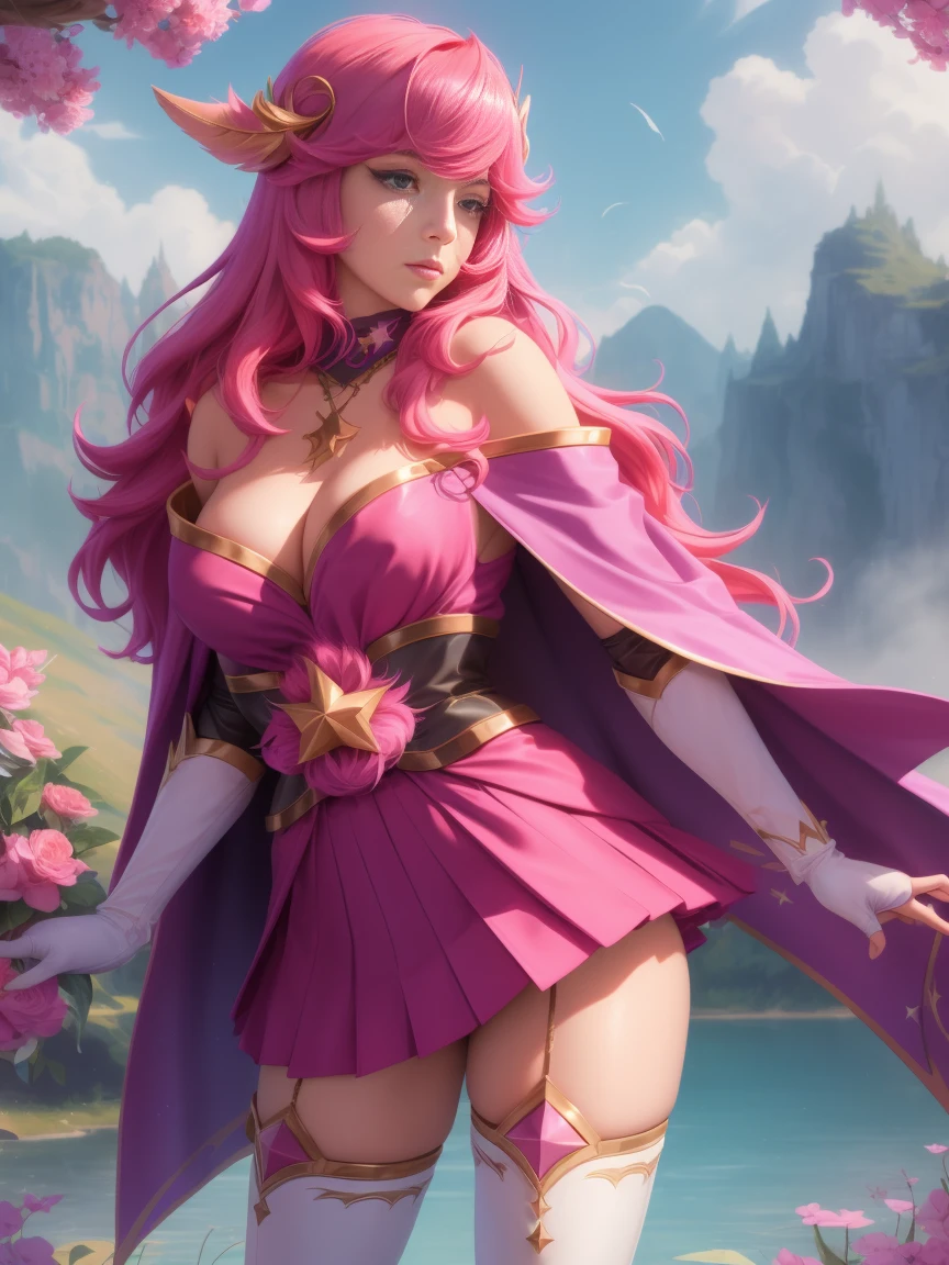 (solo, 1girl), (absurdres, ,highres, official wallpaper, poster), (masterpiece, best quality:1.2), (illustration, realistic), (perfect details, highest detailed, extreme detailed), dramatic light, starguardianxayah, (white thighhighs, fingerless gloves, hair ornament, star guardian \(league of legends\), chocker, multicolored hair, pink hair, purple hair, long hair, feather ornament, cloak), (skirt, mature female), (lake, standing)