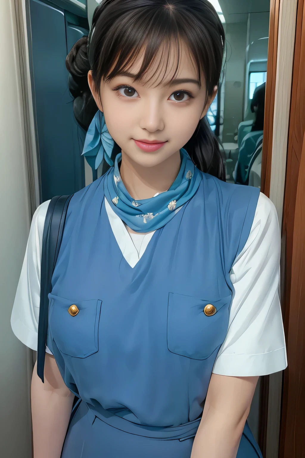 (masterpiece:1.2, Best Quality:1.2), 32kHDR,  high definition, (Alone、 1 girl)、（Rooftop of a building during the day、 Professional Lighting ）、Building rooftop background、（ Realistic Style Japan Air System Flight Attendant Uniform Blue ）、（（Japan Airlines System Flight Attendant Uniform Blue Jumper Skirt with Pockets and Buttons on Both Sides of Chest、 white short sleeve blouse  、 Light Blue Vest with Waist 、Scarf around the neck））、Dark brown hair、（Long Hair、Hair tied up、Hair tied up）、Dark brown hair、Long Hit、Big Breasts、Thin legs、（（Great hands：2.0）），（（ Harmonious Body Proportions ：1.5）），（（Normal limbs：2.0）），（（Usually refers to：2.0）），（（ Delicate Eyes ：2.0）），（（Normal eyes：2.0））)、smile、（Japan air system cabincrew uniform blueを見せた美しい立ち姿）、Hands crossed underneath 