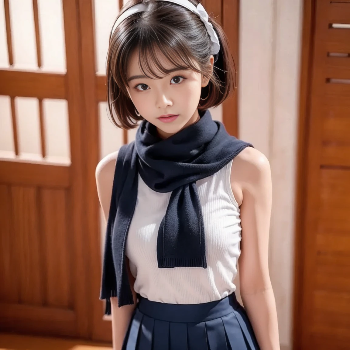  Japanese Women、Schoolgirl、Red scarf、 navy blue sailor suit、 white 3-line sailor suit、Short sailor suit、 short pleated skirt with cross arms、 navy blue skirt、white 3-line skirt 、Flip-up skirt、 cute、With bangs、 twin tails、 white headband 、 cute顔、 beautiful face、Satisfied face、The eyes are double、Big eyes、Eyes are drooping、Drooping eye corners、Long eyelashes、Eyelashes are bristly、Open your mouth、 Very Angry 、