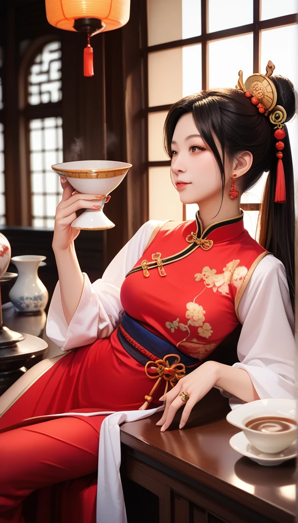 A lady sitting at a table，Close-up of hand holding a cup of coffee, palace ， Girl wearing Hanfu,  A young woman like Genghis Khan,  beautiful oriental woman ,  Chinese woman , Chinese Girl, Chinese Princess, an Asian woman, a young Asian woman, ancient Chinese Princess, Asian woman, Arafat man wearing ancient Chinese costume , traditional beauty,  Young Asian Girls 