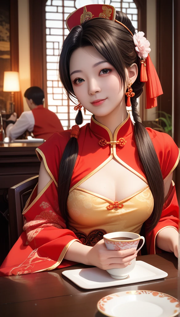 A lady sitting at a table，Close-up of hand holding a cup of coffee, palace ， Girl wearing Hanfu,  A young woman like Genghis Khan,  beautiful oriental woman ,  Chinese woman , Chinese Girl, Chinese Princess, an Asian woman, a young Asian woman, ancient Chinese Princess, Asian woman, Arafat man wearing ancient Chinese costume , traditional beauty,  Young Asian Girls 