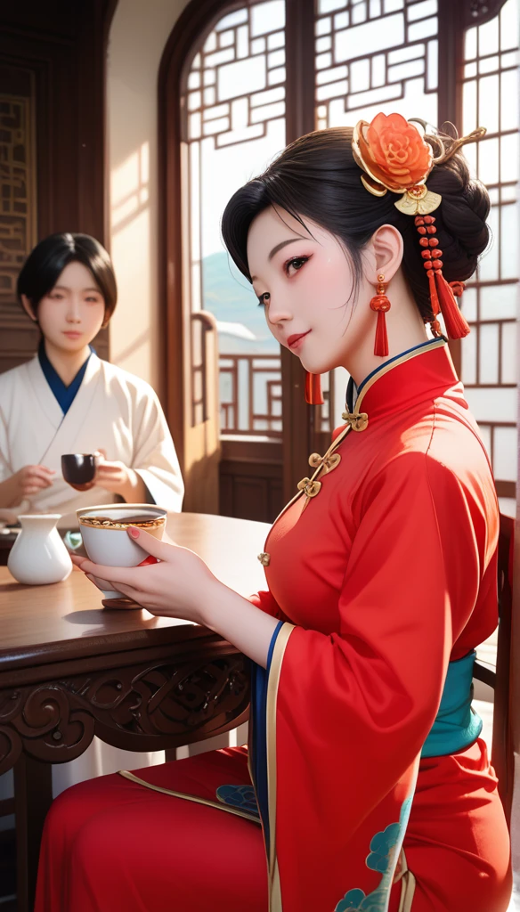 A lady sitting at a table，Close-up of hand holding a cup of coffee, palace ， Girl wearing Hanfu,  A young woman like Genghis Khan,  beautiful oriental woman ,  Chinese woman , Chinese Girl, Chinese Princess, an Asian woman, a young Asian woman, ancient Chinese Princess, Asian woman, Arafat man wearing ancient Chinese costume , traditional beauty,  Young Asian Girls 