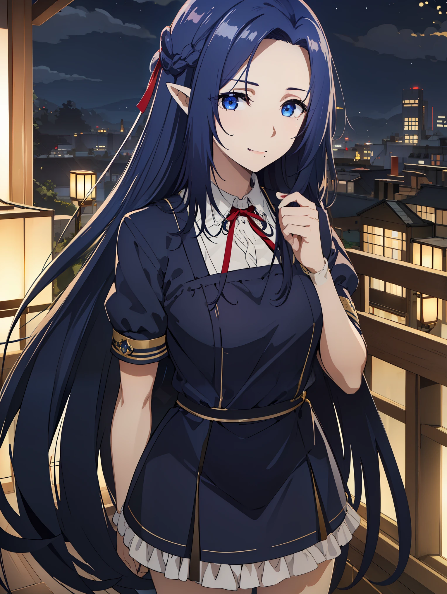 1girl, pointy ears,necklace,Gem,Dark Blue hair,Dark Blue Eyes, Bangs, 
BREAK ((blue dress, dress, neck ribbon, pinafore dress, red ribbon, ribbon, school uniform, short sleeves, short-sleeved sweater, sweater:1.2)),
BREAK (Night:1.7), Japan, cyberpunk, CityView, Before Window, Standing at attention,arm behind back, expressive eyes,seductive smile, looking at viewer, NSFW,(Full_body),
BREAK (masterpiece:1.2), best quality, high resolution,NSW ,unity 8k wallpaper, (illustration:0.8), (beautiful detailed eyes:1.6), extremely detailed face, perfect lighting, extremely detailed CG, (perfect hands, perfect anatomy),