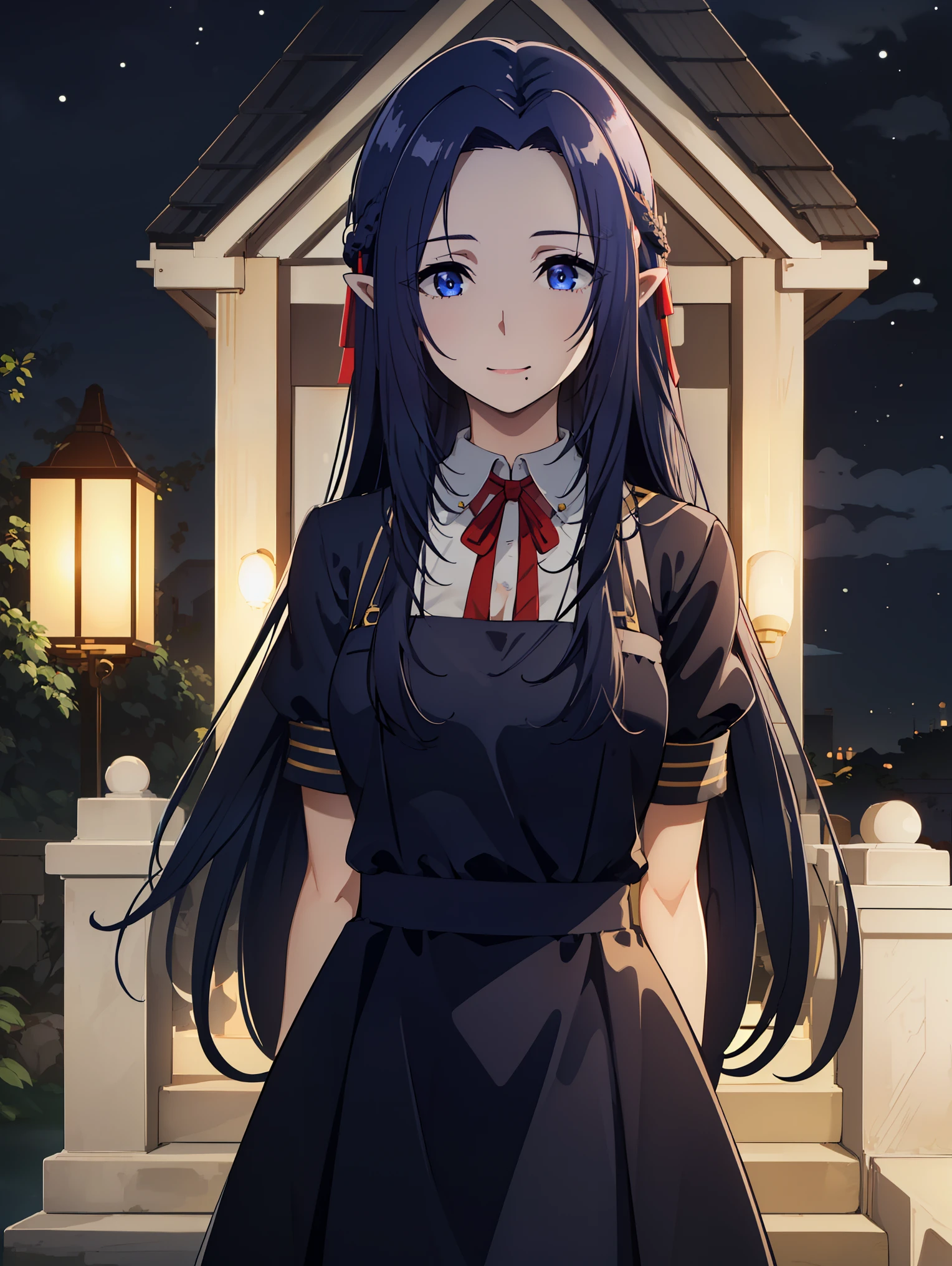 1girl, pointy ears,necklace,Gem,Dark Blue hair,Dark Blue Eyes, Bangs, 
BREAK ((blue dress, dress, neck ribbon, pinafore dress, red ribbon, ribbon, school uniform, short sleeves, short-sleeved sweater, sweater:1.2)),
BREAK (Night:1.7), Japan, cyberpunk, CityView, Before Window, Standing at attention,arm behind back, expressive eyes,seductive smile, looking at viewer, NSFW,(Full_body),
BREAK (masterpiece:1.2), best quality, high resolution,NSW ,unity 8k wallpaper, (illustration:0.8), (beautiful detailed eyes:1.6), extremely detailed face, perfect lighting, extremely detailed CG, (perfect hands, perfect anatomy),