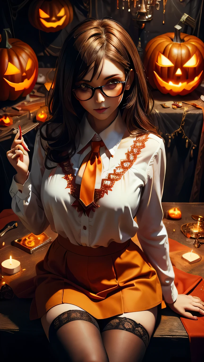  Woman with square lenses .  Short light brown hair . light eyes. Orange blouse with neckline . red school skirt. transparent white stockings. smiling.  She has a Halloween pumpkin in her hands. blood on his clothes. Candles around. blood on his face.