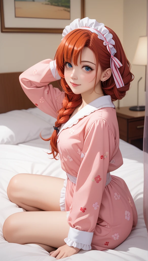 A woman sitting on the bed， wearing pink floral pajamas , Redhead女孩, beautiful Redhead女郎, Redhead女郎, young Redhead女孩, 短而鲜艳的Redhead, Red Hair和迷人的五官, Anna Nikonova（aka newmilky ）, Redhead女孩, Redhead,  pretty Woman, Posing on the bed, Red Hair, With short red hair, Posing in the room