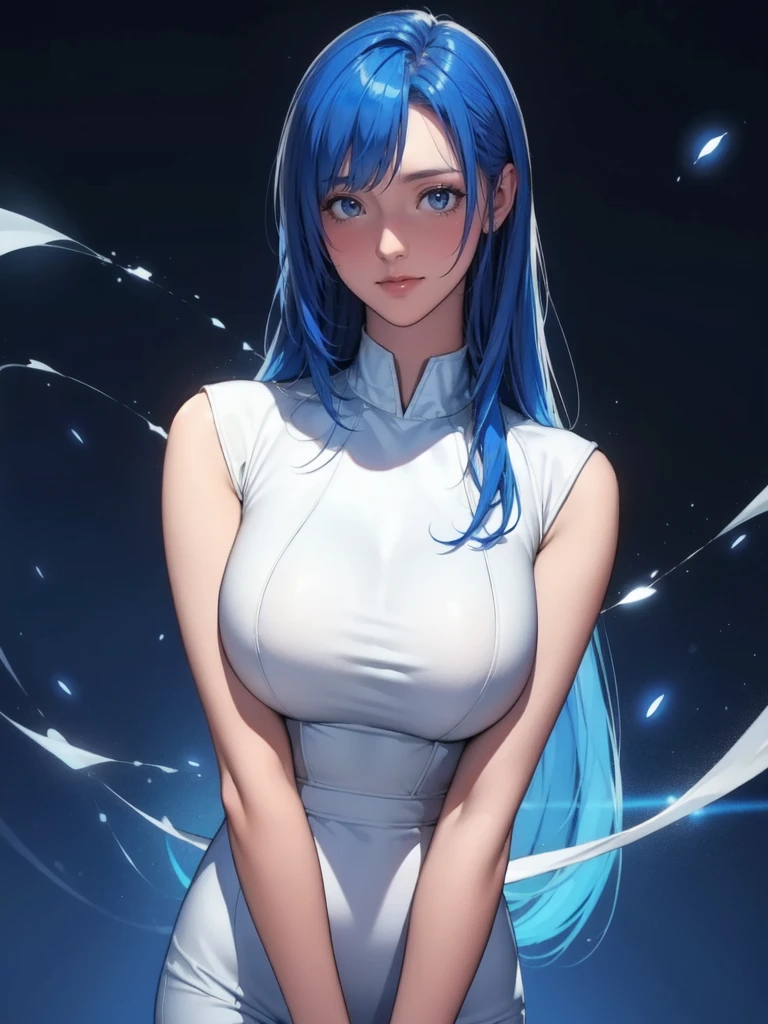 ((masterpiece)), (Best Quality), (  Details), ( 1 girl), (Internal Data Stream)  Light blue gradient hair , Glowing blue eyes,  straight hair,  wearing a modern white shirt and a black dress , Covered in data particles, Locked around the neck