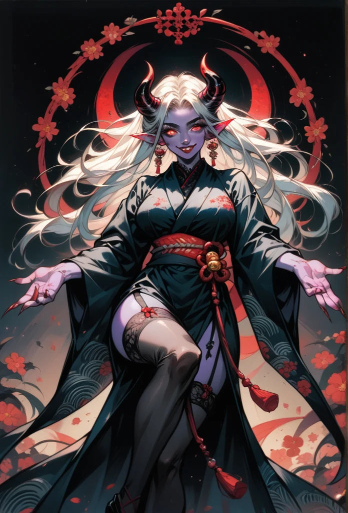 A girl in a garden, beautiful jade eyes, red lips, glam face, long eyelashes, glowing eyes, pointed ears, succubus, horns, smile, coarse teeth, makeup, white hair, slightly purple skin, natural detailed skin, wearing a beautiful detailed yukata in geisha style, (holding a beautiful japanese fan in hand:1.5), dynamic pose, outstretched arms, long legs, stockings and garter belts, geta, geisha shoes, looking at the viewer, full body, large breasts, (traditional japanese jewelry, jade:1.3), undone geisha hairstyle, long nails, well-matched attire, (gloomy, unholy), dark background, black background, traditional shōji background, gothic, from a low-angle point of view, blurry background, semi-realism, Unreal Engine