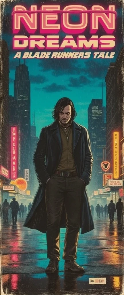  A vintage comic book cover inspired by the look of Blade Runner 2049 ,  combining dark and futuristic aesthetics with classic 1940s charm .  The focus of the cover is a tired looking male protagonist ,  dressed in a long dark coat that flows down to the knees ,  with subtle details that suggest advanced technology .  It is standing on a urban landscape illuminated by neons ,  where tall and imposing buildings emerge under a covered in clouds ,  filled with an ethereal mist that emanates mystery .

Behind him,  neon signs in shades of blue ,  orange and pink shine brightly ,  reflecting in the rain that falls and in the puddles on the ground .  Dramatic lighting enhances the environment and the contemplative expression of the protagonist ,  as he observes the city full of life and shadows . The title 'Neon Dreams :  A Blade Runner's Tale' appears in large, stylized letters ,  with a luminous effect reminiscent of neon ,  and a small price of '10¢' and the edition number located on the edges ,  providing a classic touch .

 The cover is adorned with light wear and subtle textures ,  with folds and a slightly faded appearance ,  as if it were an old and well-preserved magazine ,  reflecting the rich narrative and the immersive atmosphere of a futuristic world where the past and the present collide,  capturing the essence of Blade Runner 2049 in a nostalgic and impactful presentation .