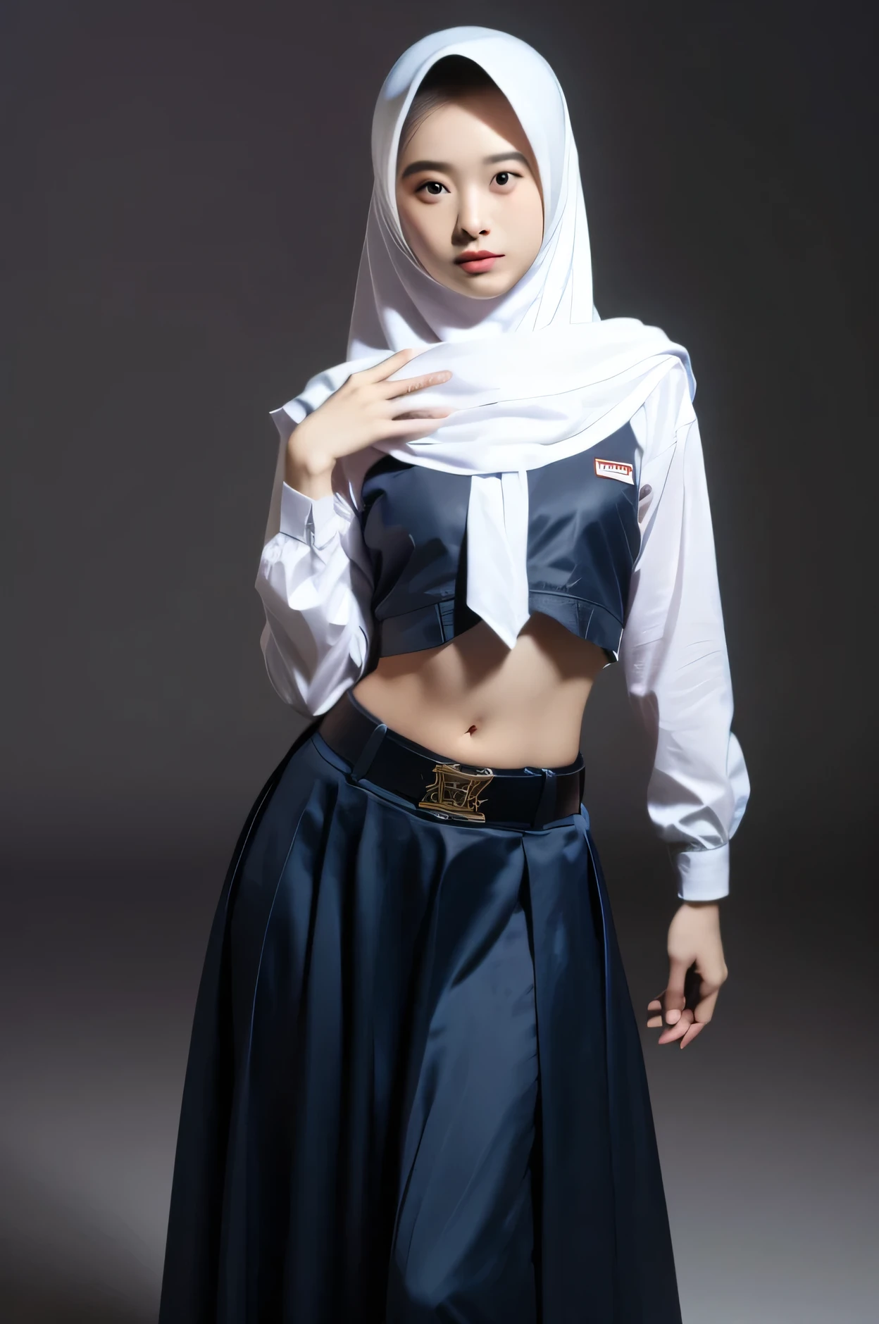 (((Ultra-HD-quality-details))) , school girl wearing hijab (Hijabi) , long sleeve uniform buttoned open navel ,indistinct ,pale skin, Long skirt ,belt buckles are worn below the hips (like a belly dancer ) , both hands on the hips confirms the curves of the body ,realistic,(8k resolusion)