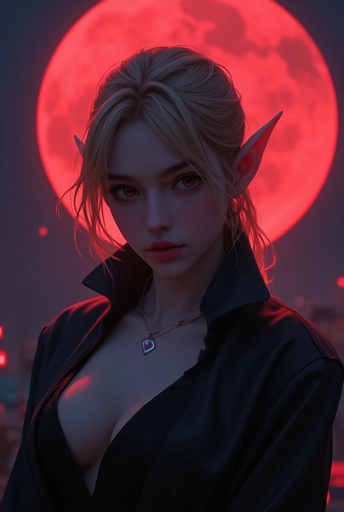 (((Vampire Fangs:1.7))), beauty vampire, blonde disheveled hair, captivating sharp eyes, elf-like ears, background night, crimson huge full moon