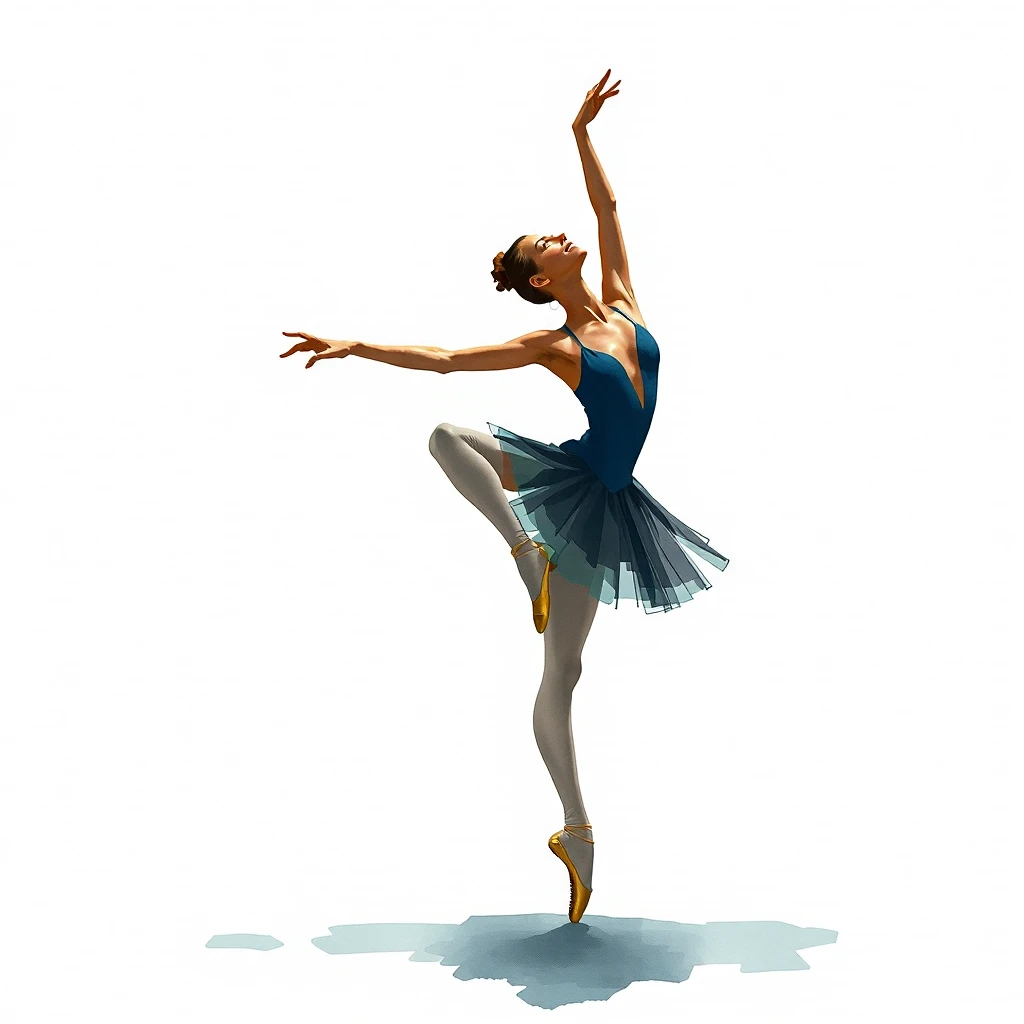 A ballet dancer in motion, traditional watercolor technique, muted colors, emphasis on light and shadow, wet-on-wet effects, minimal detail in background
