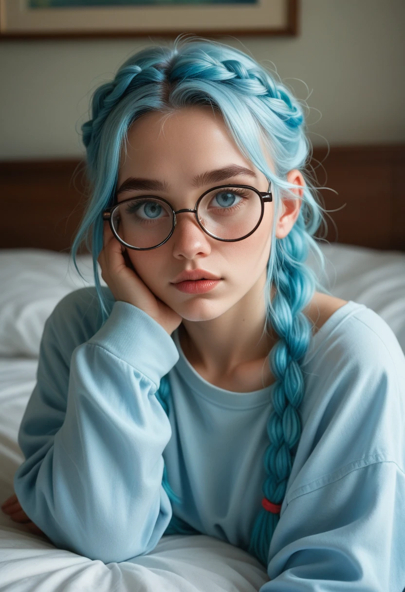 Score_9, Score_8_up, Score_7_up, ratific_explicitLportrait of a Caucasian girl with ((hair dyed light blue1.4)). bushy eyebrows, upturned nose, ((wears glasses1.4)) ((hair combed with French braids1.5)),
