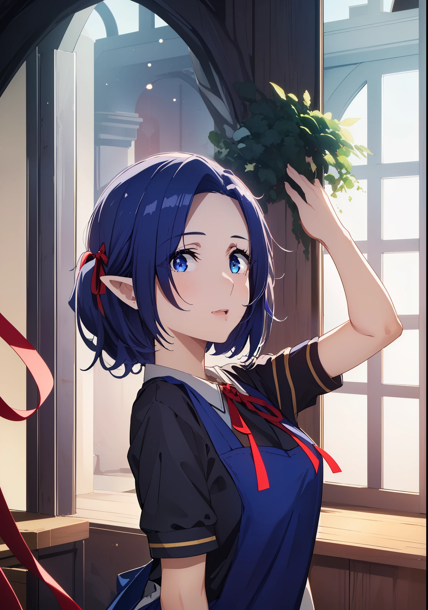 1girl, pointy ears,necklace,Gem,Dark Blue hair,Dark Blue Eyes, Bangs, 
BREAK ((blue dress, dress, neck ribbon, pinafore dress, red ribbon, ribbon, school uniform, short sleeves, short-sleeved sweater, sweater:1.2)),
BREAK (masterpiece:1.2), best quality, high resolution,NSW ,unity 8k wallpaper, (illustration:0.8), (beautiful detailed eyes:1.6), extremely detailed face, perfect lighting, extremely detailed CG, (perfect hands, perfect anatomy),