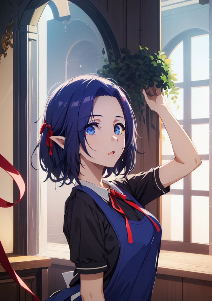 1girl, pointy ears,necklace,Gem,Dark Blue hair,Dark Blue Eyes, Bangs, 
BREAK ((blue dress, dress, neck ribbon, pinafore dress, red ribbon, ribbon, school uniform, short sleeves, short-sleeved sweater, sweater:1.2)),
BREAK (masterpiece:1.2), best quality, high resolution,NSW ,unity 8k wallpaper, (illustration:0.8), (beautiful detailed eyes:1.6), extremely detailed face, perfect lighting, extremely detailed CG, (perfect hands, perfect anatomy),