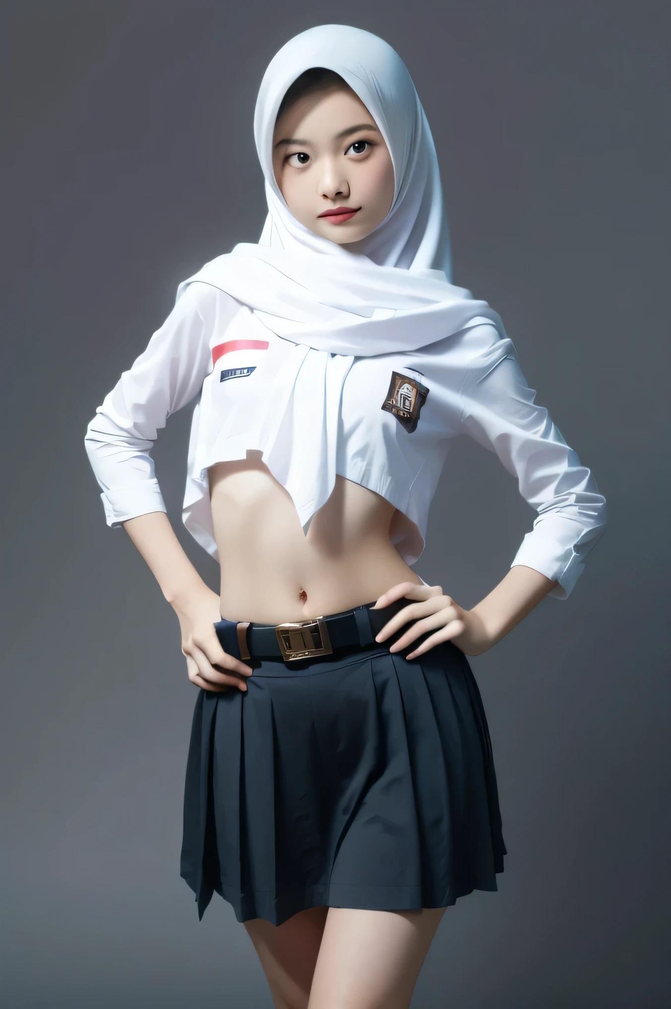 (((Ultra-HD-quality-details))) , school girl wearing hijab (Hijabi) , long sleeve uniform buttoned open navel ,indistinct ,pale skin, Long skirt ,belt buckles are worn below the hips (like a belly dancer ) , both hands on the hips confirms the curves of the body ,realistic,(8k resolusion)