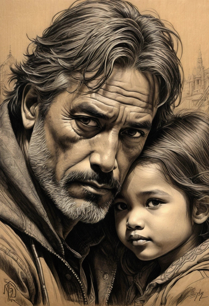 Black and brown A sultry artistic artwork, black and white pencil rough sketch portrait of a Father and his little daughter , depth detailed of pencil sketch illustration, inspured by Milo Manara and Russ Mills. hyperdetailed charcoal drawing, on kraft paper, Karl Kopinski, fantasy, highly detailed, Vlop and Krenz Cushart, ornate detailing, Jean-Sebastian Rossbach, James Gene,ink drawing,pen and ink realism,stipple shading,wongapril,woodblock print,wong-tigo