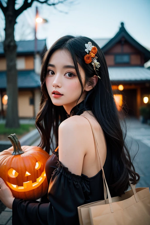 ((Best Quality)), ((masterpiece)), (   Details),   1 girl,  BEAUTIFUL GIRLS、 Japanese、   long black hair , Halloween，Illustration wallpaper
