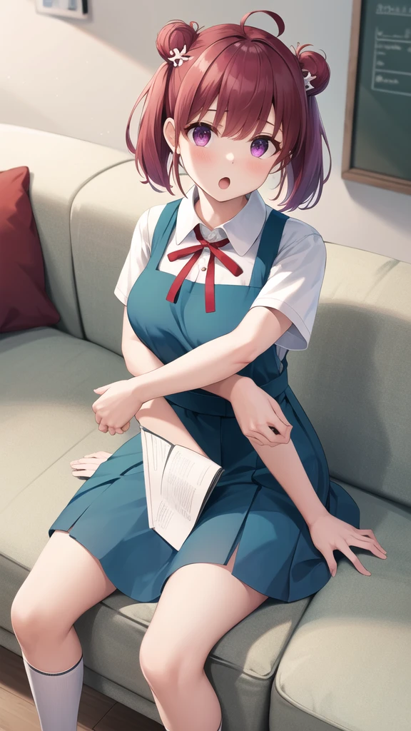 masterpiece, best quality, highres, 1girl, solo, short hair, red hair, short twintails, double bun, ahoge, hair ornament, purple eyes, large breasts, school uniform, neck ribbon, white shirt, pinafore dress, short sleeves, sitting, room, :o, sofa