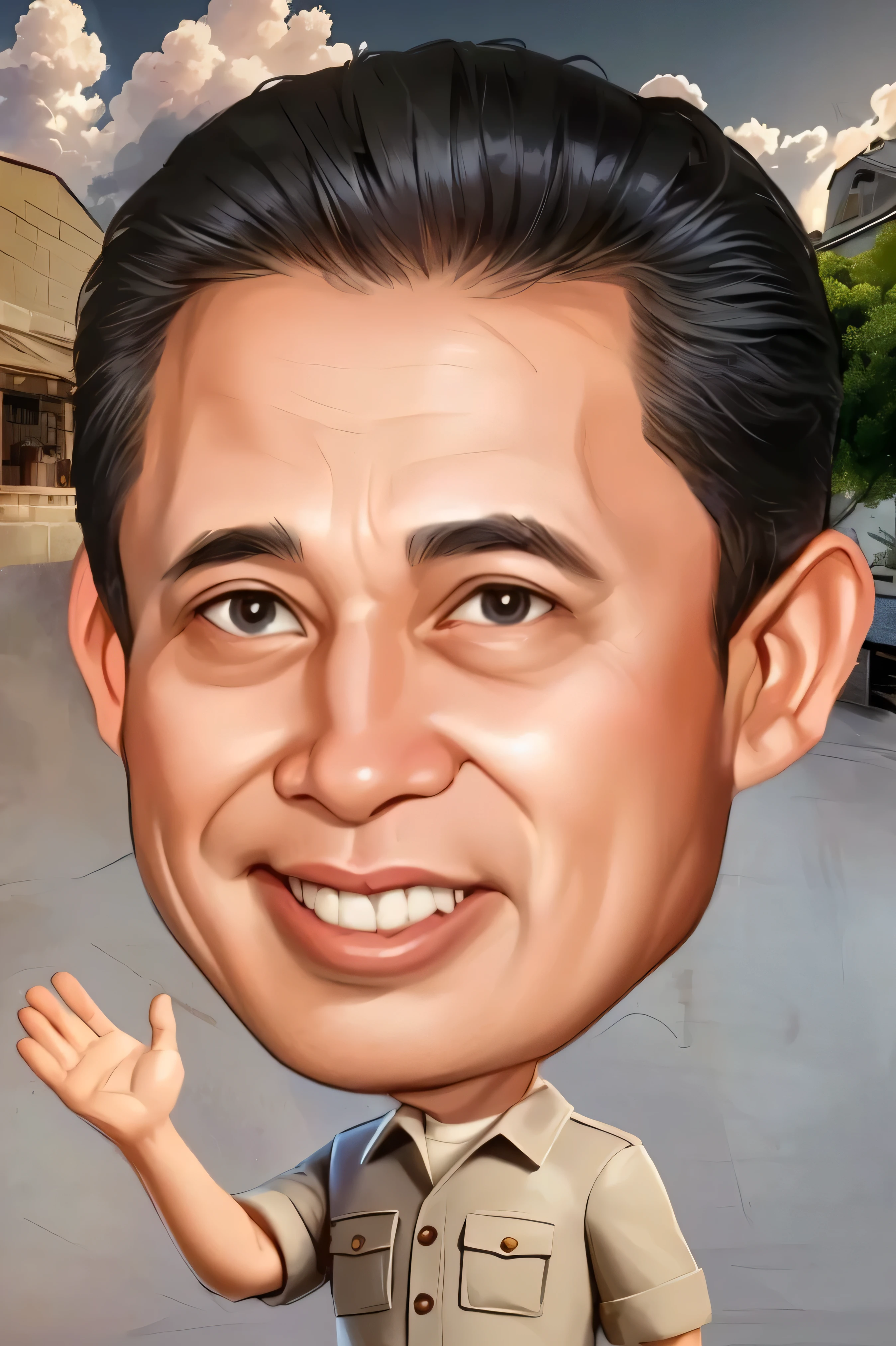 a cartoon of a man in a uniform waving his hand, caricature, caricature style, caricature illustration, caricature!!!, cartoon portrait, inspired by Ding Yunpeng, caricatural, inspired by Ding Guanpeng, in cartoon style, big head, chibi, jokowi, small chin, guangjian huang, cartoon digital painting, detailed portrait, yan, jeremy, fanart