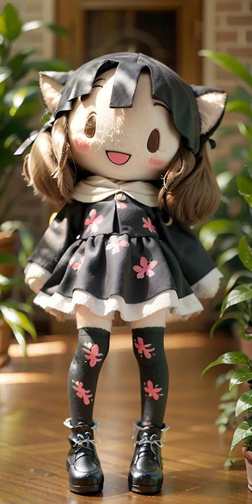 wanju\(fufu\), solo, smile, chibi,open mouth, blush, water, long hair,black hair,standing, standing on one leg, plant