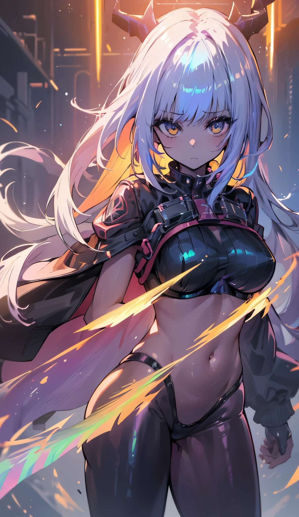 最high quality、best image quality、masterpiece、Android Girl((Robot body、20-year-old、 By becoming、vest bust、medium bust,wide open breast tea、black eye, blonde hair、long hair、thin,highest valley、glowing battle uniform、elationのある動き、超high speed、Feeling of sprinting、glowing head visor、carry two handguns)),high quality、beautiful art、background((arena、high speed、Red laser))、debris flies、書かれた境界のdepth、movie、visual art、perfect art、8K,genuine、elation、Dynamic expression(1:2)、elation、depth((big explosion))