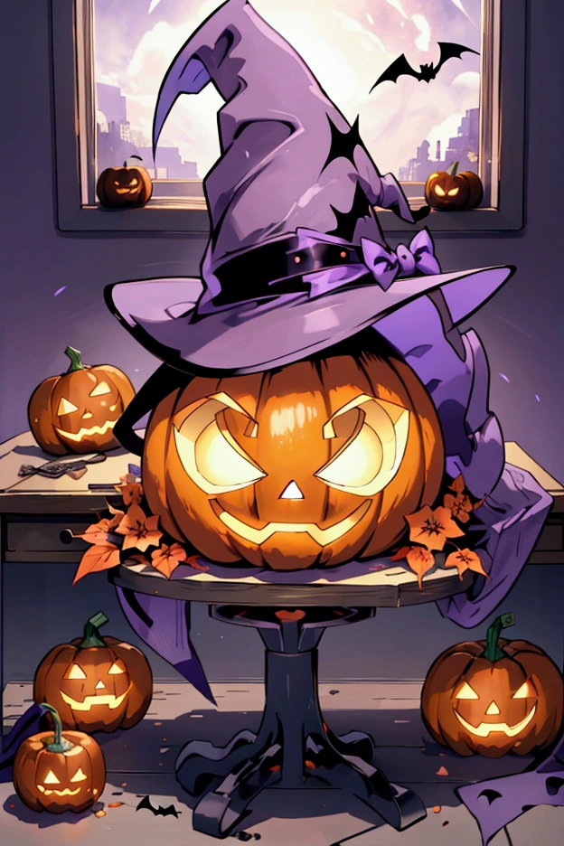 A halloween pumpkin wearing a purple  witch hat on a desk, ALONE, NO HUMAN, NOONE, A PUMPKIN, PUMKIN, PUMKIIINNNN