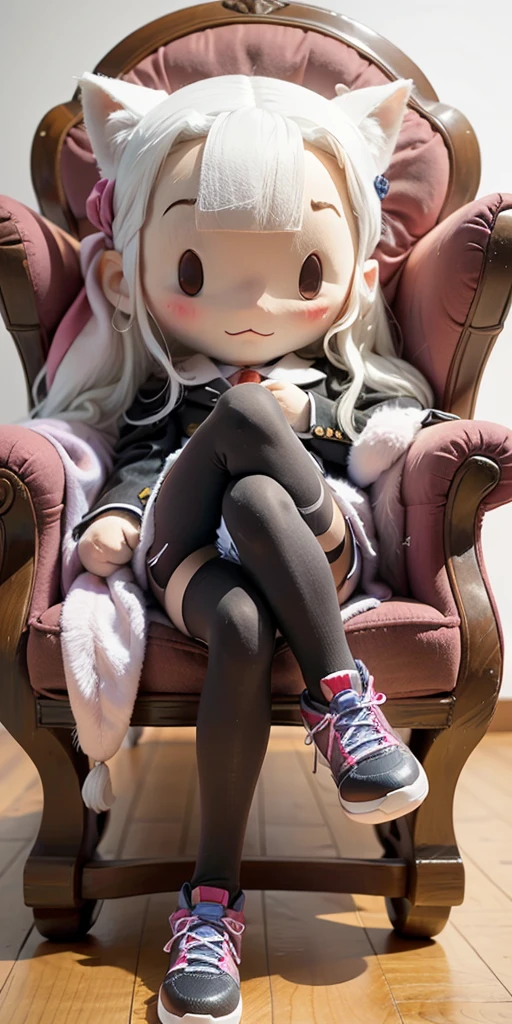 The young woman red eyes white hair wear a vampire black coat inside vampire black coat has a carmine color, white shirt, red necktie, black pencil skirt, black underpants, long black tights, black socks, white sneakers high top without laces, sitting on the vampire throne, light grey background, cartoon novel, 4K, HD