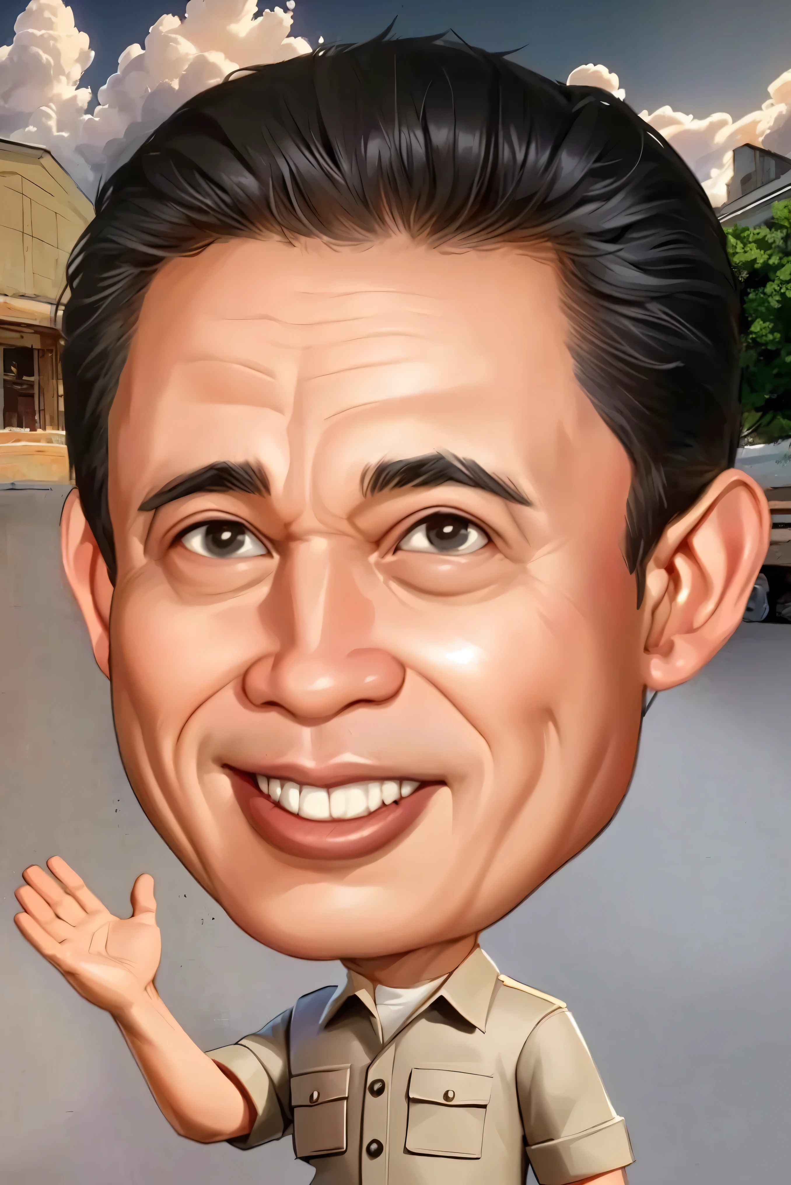 a cartoon of a man in a uniform waving his hand, caricature, caricature style, caricature illustration, caricature!!!, cartoon portrait, inspired by Ding Yunpeng, caricatural, inspired by Ding Guanpeng, in cartoon style, big head, chibi, jokowi, small chin, guangjian huang, cartoon digital painting, detailed portrait, yan, jeremy, fanart