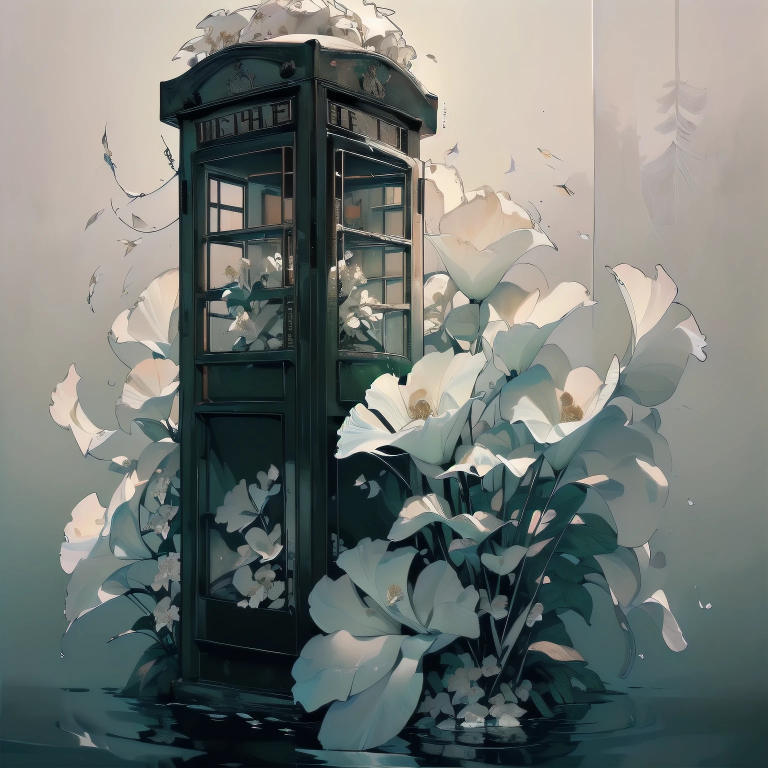 (((Masterpiece, top quality))), (((32K wallpaper))), ultra high resolution, gorgeous light leak, (((backlit))), highly detailed background, (((no humans))), highly transparent river, (((extremely detailed rusty black phone booth with many white flowers)),  (((( very dull color )))), (((( white flowers in the water))), (((White petals fly)))、Mr.々Angle