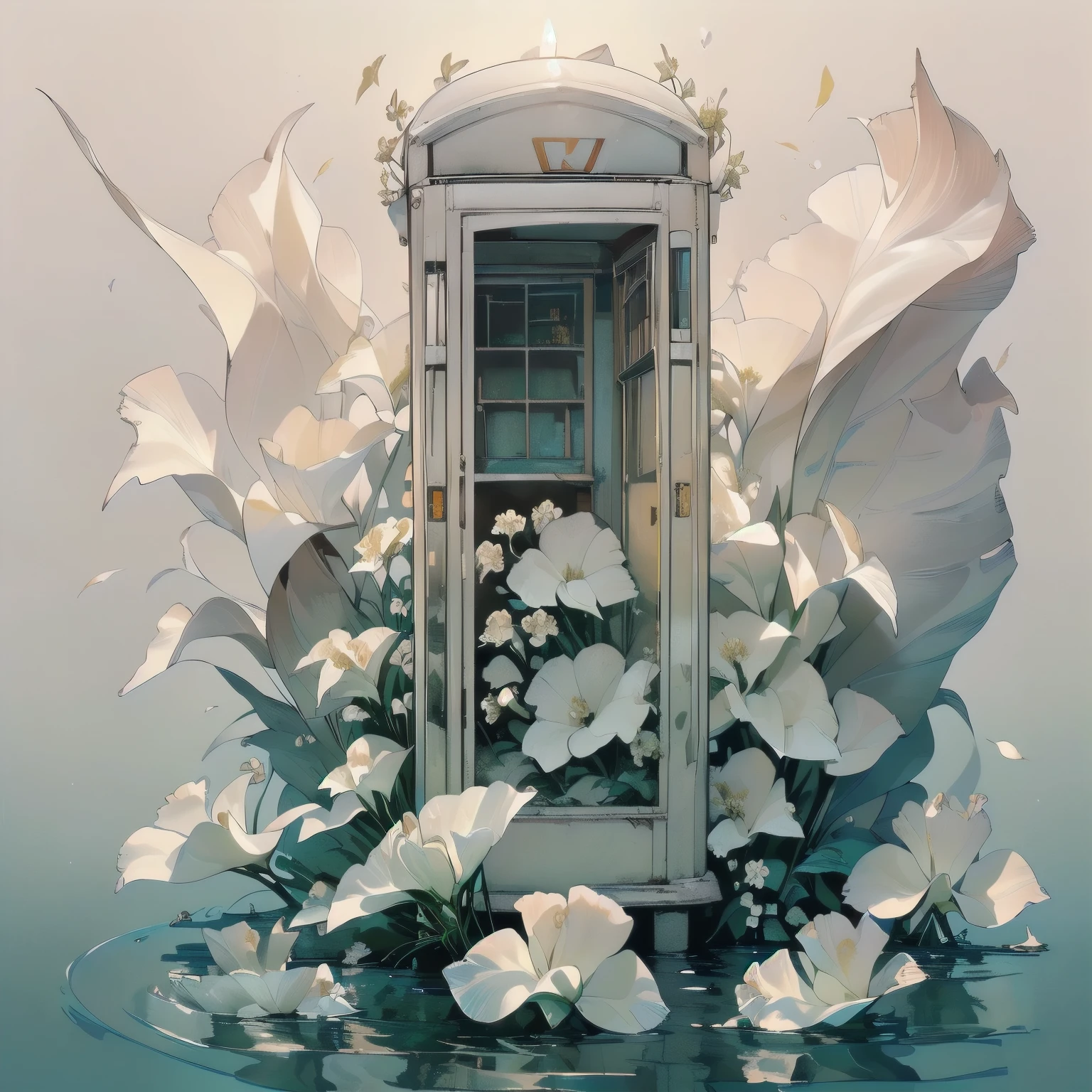 (((Masterpiece, top quality))), (((32K wallpaper))), ultra high resolution, gorgeous light leak, (((backlit))), highly detailed background, (((no humans))), highly transparent river, (((extremely detailed rusty phone booth with many white flowers)),  (((( very dull color )))), (((( white flowers in the water))), (((White petals fly)))