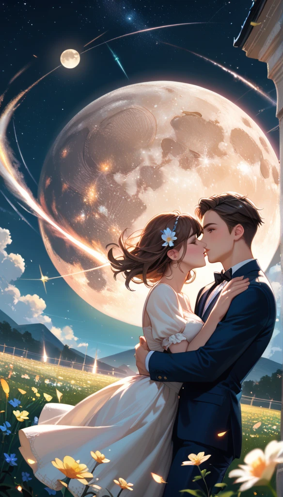 score_9, score_8_up, score_7_up, score_6_up, masterpiece,   high quality ,  high resolution, flower, night sky, Dutch angle, wide angle lens, wind, meteor, full moon, [girl, [handsome guy, Embrace,