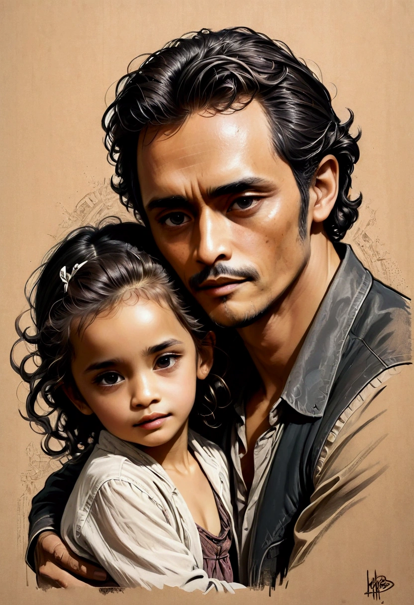 Black and brown A sultry artistic artwork, black and white pencil rough sketch portrait of a Father and his little daughter , depth detailed of pencil sketch illustration, inspured by Milo Manara and Russ Mills. hyperdetailed charcoal drawing, on kraft paper, Karl Kopinski, fantasy, highly detailed, Vlop and Krenz Cushart, ornate detailing, Jean-Sebastian Rossbach, James Gene,ink drawing,pen and ink realism,stipple shading,wongapril,woodblock print,wong-tigo