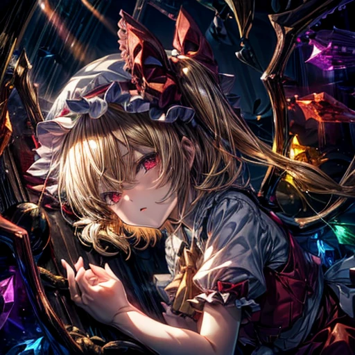 1girl, flandre scarlet, blonde hair, mob cap, hair bow, bowtie, side ponytail, wings, short sleeves, vest, yellow ascot, red eyes, glowing eyes, sparkle, star \(symbol\), fetal position, lying, dutch angle, look up, from above, arm up, bend elbow, half-closed eyes, flower, rose, (crepuscular rays, faint light), Light center, light on palm, (darkness), 