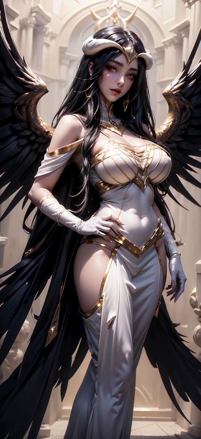 A (super realistic) beautiful sexy woman(albedo _overlord) with (orange eyes with perfect detailing) and white attire(detailed) with gold jewellery on perfect big breast, beautiful breast, black long beautiful hair, hyper detailed black  wings , (full body)(wallpaper pose)(standing in middle with complete face visible)(every thing with best detailing)