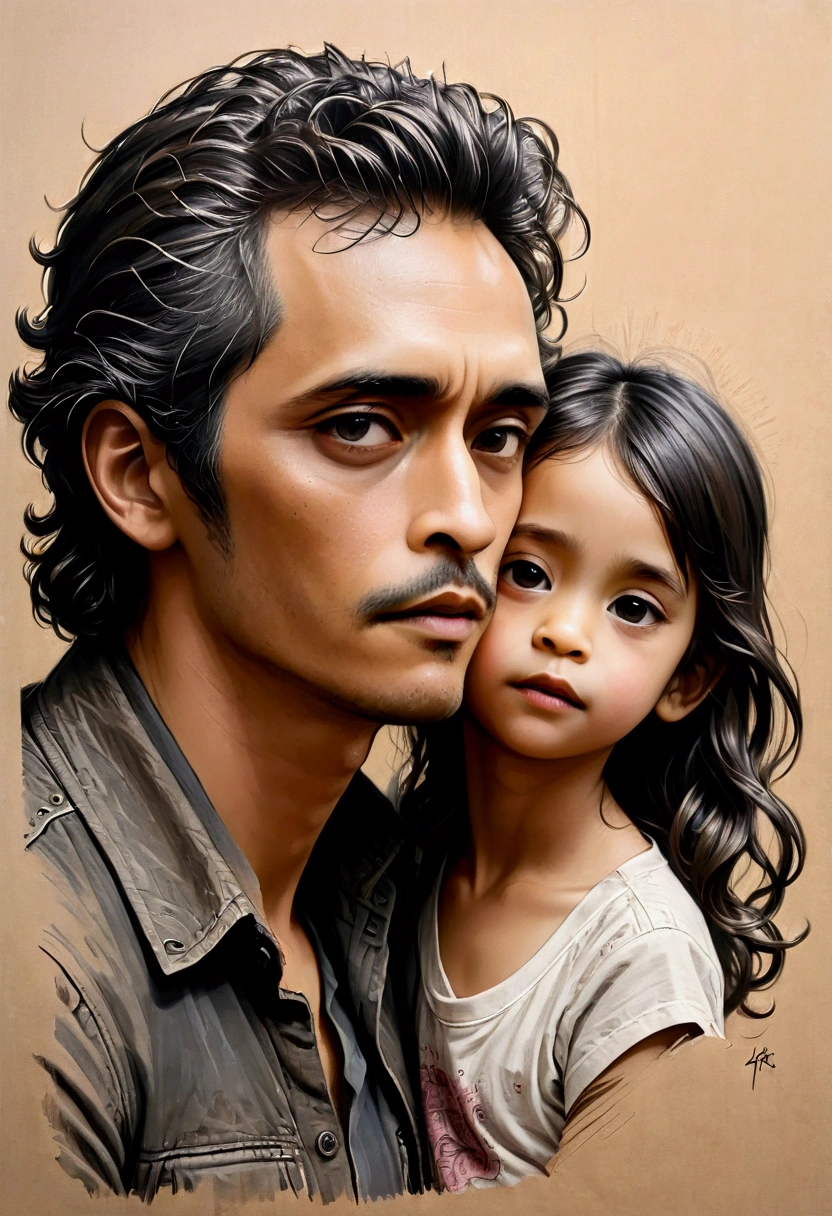 Black and brown A sultry artistic artwork, black and white pencil rough sketch portrait of a Father and his little daughter , depth detailed of pencil sketch illustration, inspured by Milo Manara and Russ Mills. hyperdetailed charcoal drawing, on kraft paper, Karl Kopinski, fantasy, highly detailed, Vlop and Krenz Cushart, ornate detailing, Jean-Sebastian Rossbach, James Gene,ink drawing,pen and ink realism,stipple shading,wongapril,woodblock print,wong-tigo