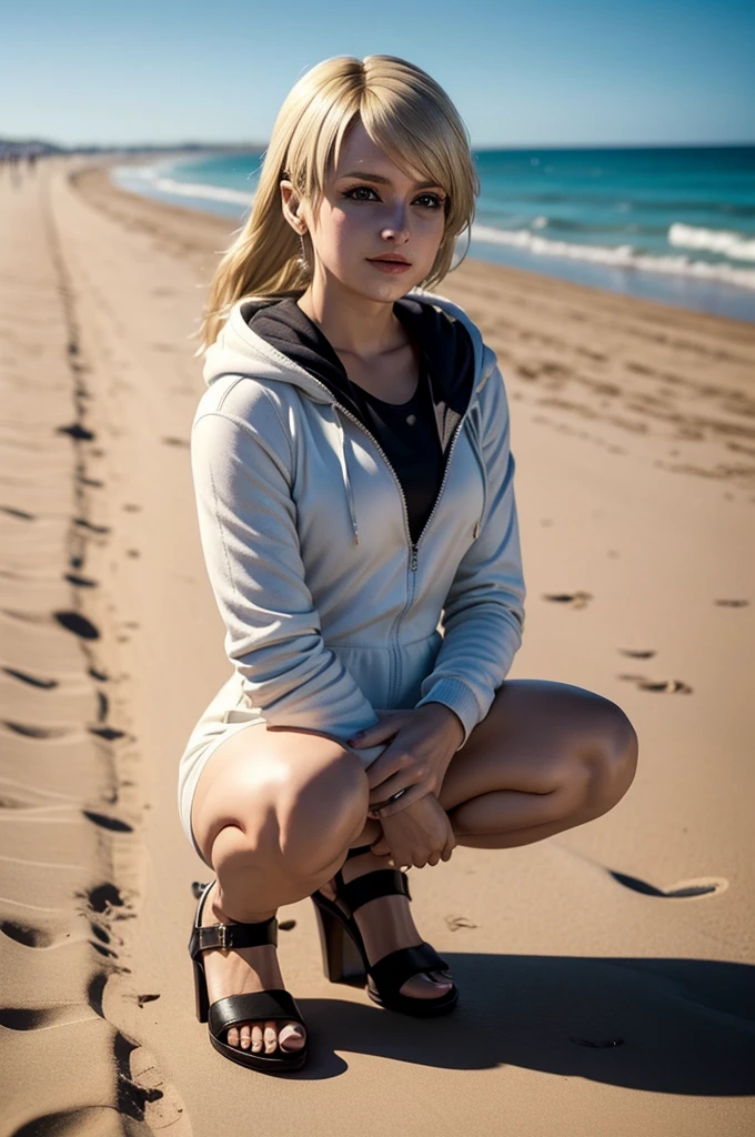 Woman, Sherry birkin, little smile expression, Long Straight Hair, wearing mini white dress with hoody, black nails polish, blonde hair, full body, with heels, at the beach park