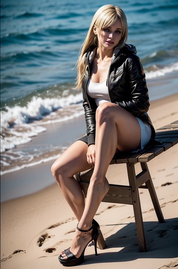 Woman, Sherry birkin, little smile expression, Long Straight Hair, wearing mini white dress with hoody, black nails polish, blonde hair, full body, with heels, at the beach park