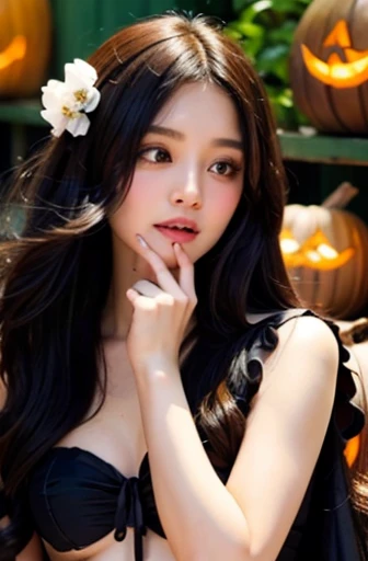 ((Best Quality)), ((masterpiece)), (    Details),    1 girl,   BEAUTIFUL GIRLS、 Japanese、     long black hair  ,  Halloween ，Illustration Wallpaper 
