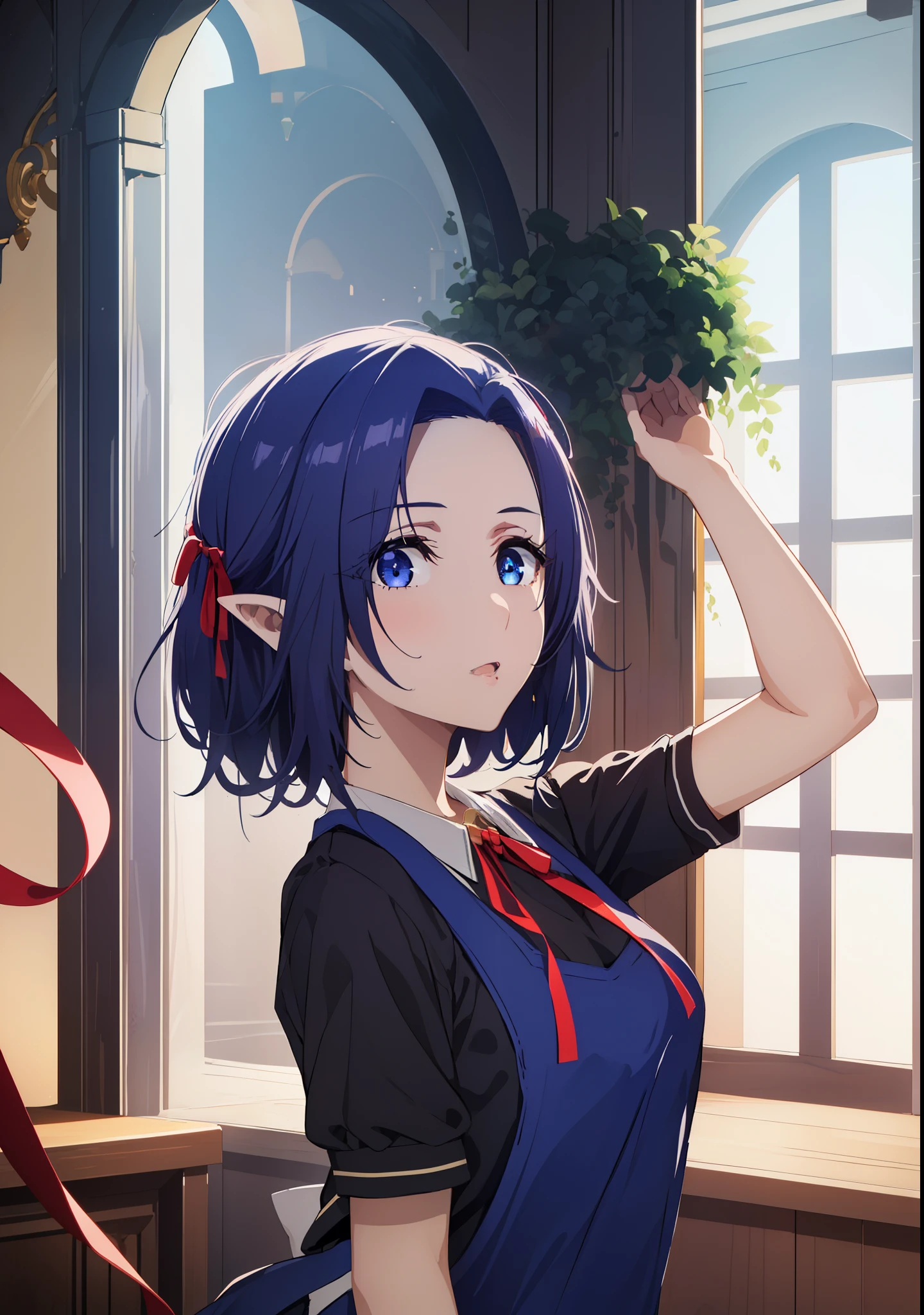 1girl, pointy ears,necklace,Gem,Dark Blue hair,Dark Blue Eyes, Bangs, 
BREAK ((blue dress, dress, neck ribbon, pinafore dress, red ribbon, ribbon, school uniform, short sleeves, short-sleeved sweater, sweater:1.2)),
BREAK (masterpiece:1.2), best quality, high resolution,NSW ,unity 8k wallpaper, (illustration:0.8), (beautiful detailed eyes:1.6), extremely detailed face, perfect lighting, extremely detailed CG, (perfect hands, perfect anatomy),