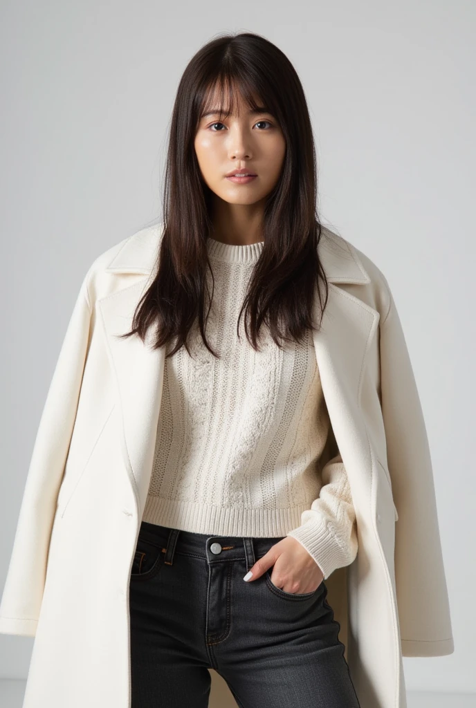 A 20-year-old slender, stunningly beautiful Japanese woman with sleek, A refined winter ensemble with a crisp white coat draped over a cozy cable-knit sweater, dark jeans for a sleek contrast, and classic mid-calf boots. The blend of white and dark tones adds a polished touch, perfect for a stylish and understated winter look