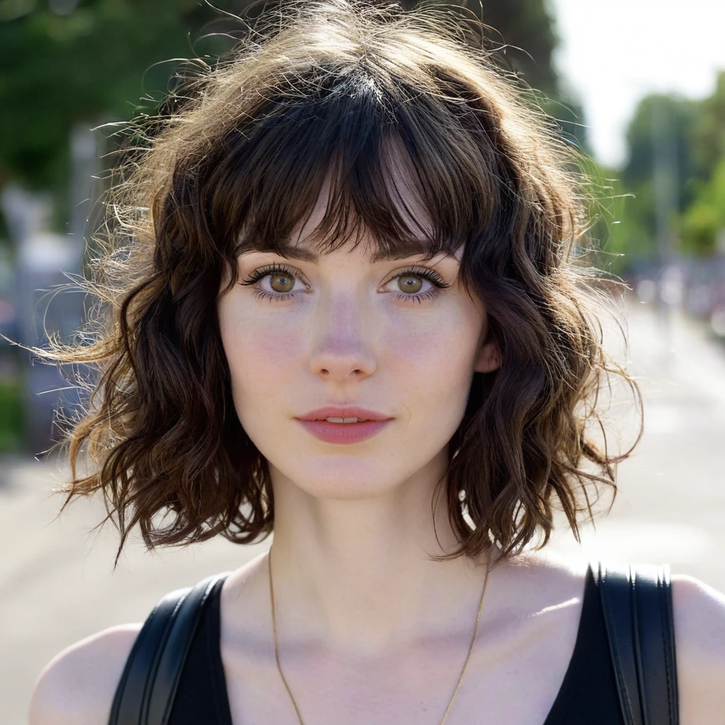 Portrait of a 24 year old girl, with a slender, petite physique, pale skin, dark brown hair messy wavy bob with bangs. Almond shaped eyes, big, wide and spaced apart, short with a slim frame, thin, skinny physique, broad shoulders, walking to the bus stop